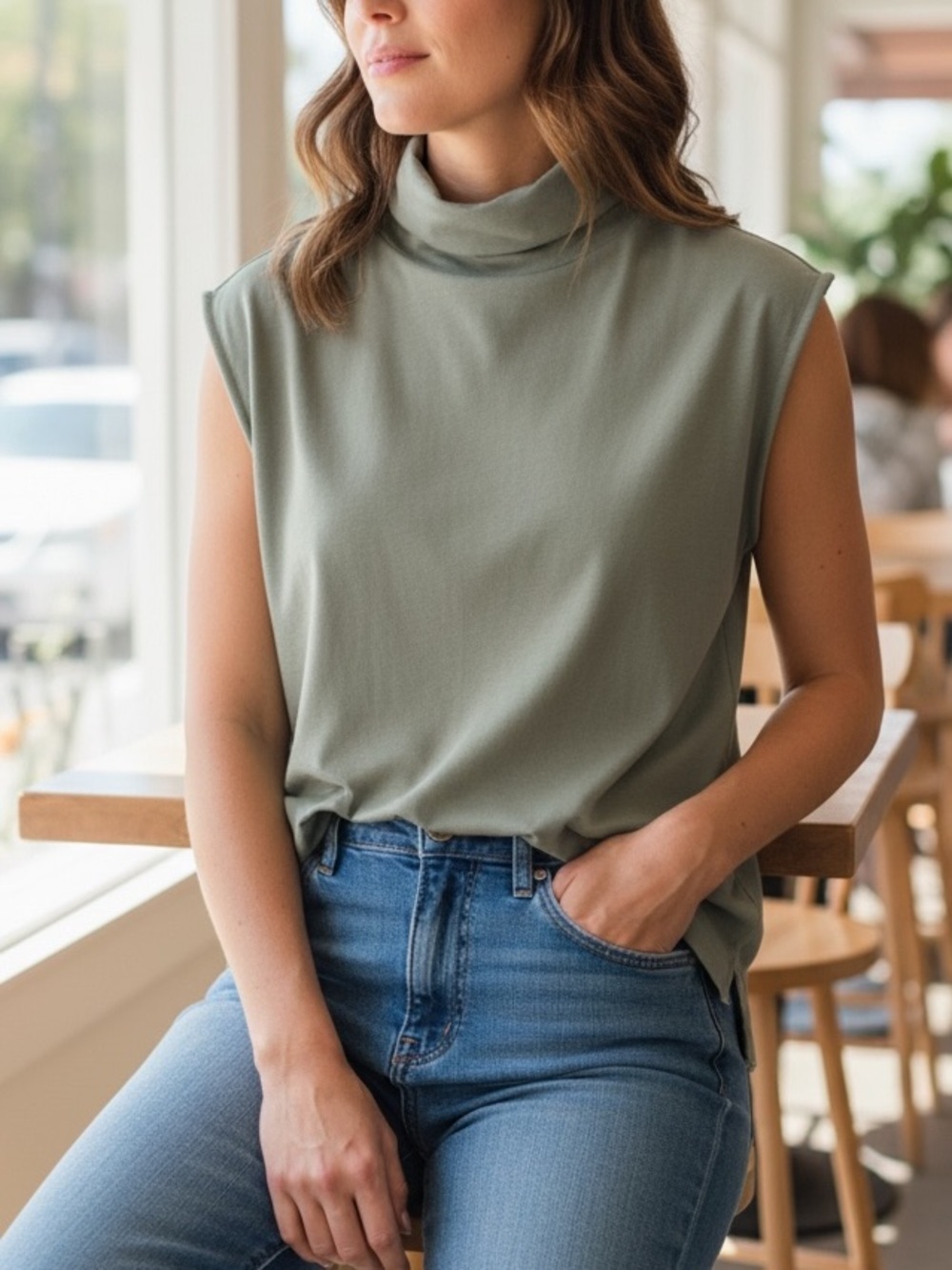 Nation LTD Sleeveless Turtleneck Tee in Seagrass Green Minimalist Cotton Blend